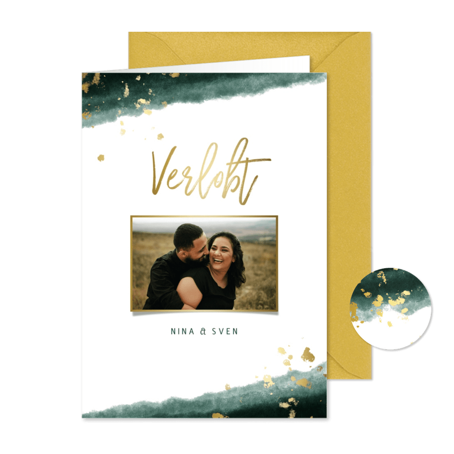 Verlobungskarte mit Foto in grün und gold  - Kartenvorschau
