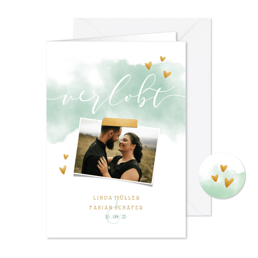 Verlobungskarte mit Foto und Herzen - Karteneindruck