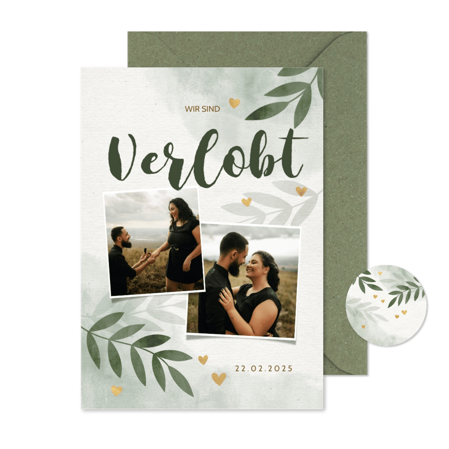 Verlobungskarte mit Fotos, Zweigen und Herzen - Karteneindruck
