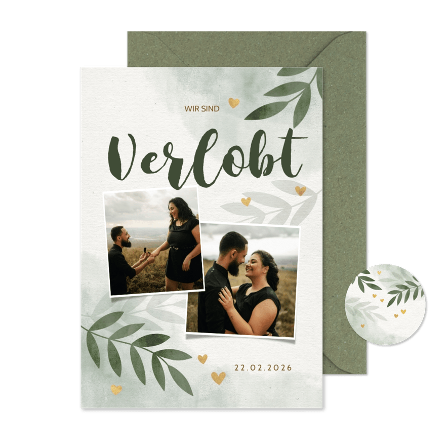 Verlobungskarte mit Fotos, Zweigen und Herzen - Karteneindruck
