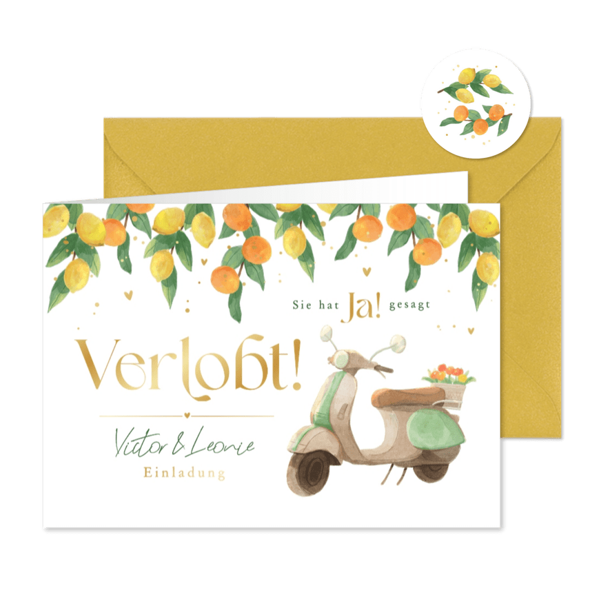 Verlobungskarte Motorroller & Zitrusfrüchte - Kartenvorschau