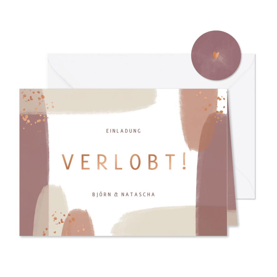 Verlobungskarte Pinselstriche kupfer - Karteneindruck

