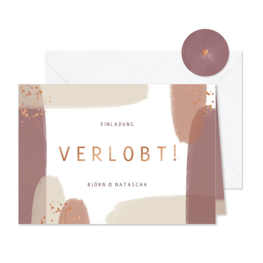 Verlobungskarte Pinselstriche kupfer - Karteneindruck
