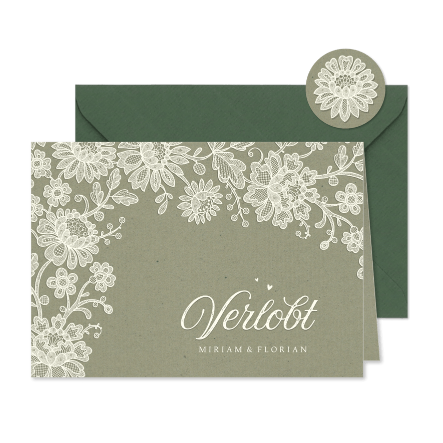 Verlobungskarte romantisch Spitze olivgrün - Karteneindruck
