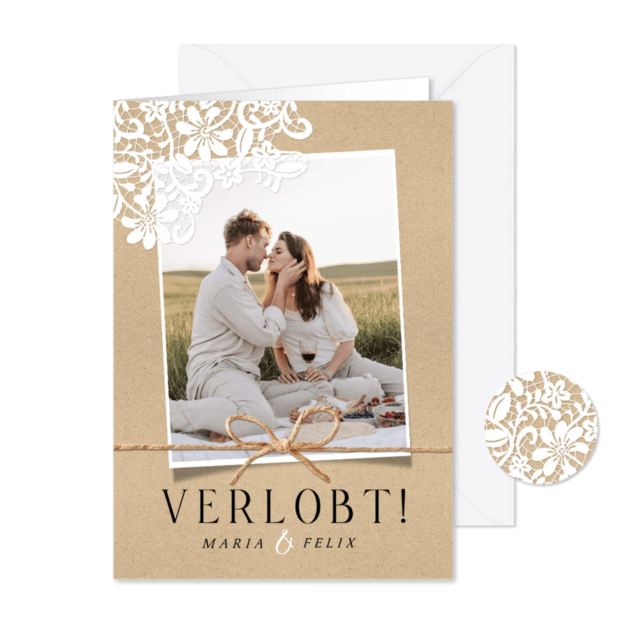 Verlobungskarte Spitze romantisch Kraftpapierlook - Karteneindruck