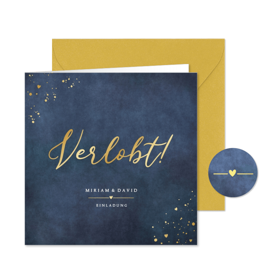 Verlobungskarte 'Verlobt!' Blau mit Gold - Kartenvorschau

