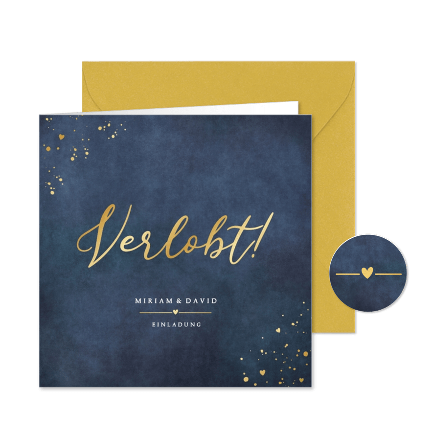 Verlobungskarte 'Verlobt!' Blau mit Gold - Karteneindruck