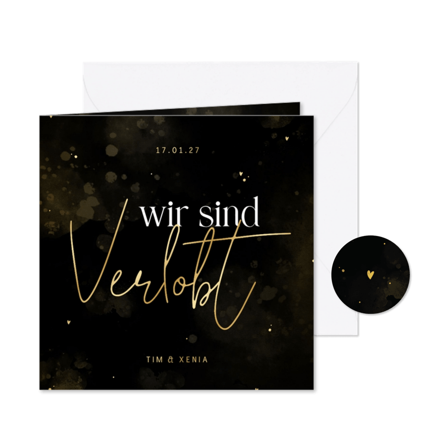 Verlobungskarte 'Wir sind verlobt' schwarz-gold - Kartenvorschau
