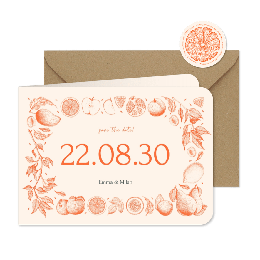 Vintage Save-the-Date Karte Früchte Linienzeichnung Hochzeit - Kartenvorschau
