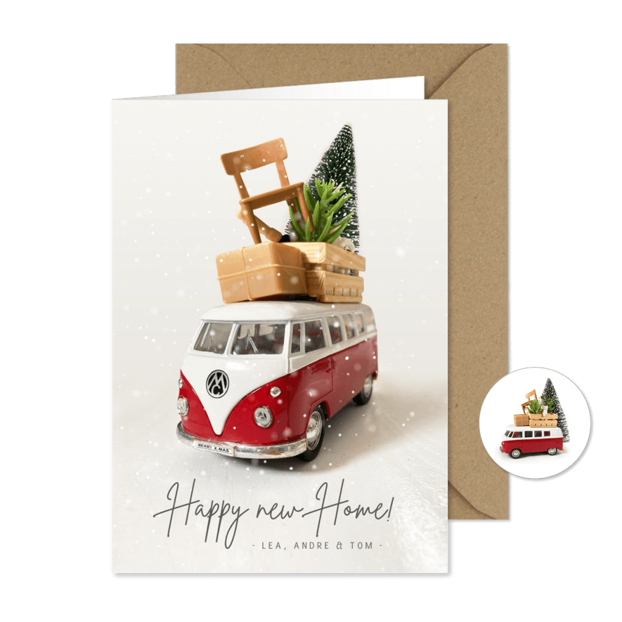 Vintage Umzugs-Weihnachtskarte mit VW Bus und Möbeln - Karteneindruck
