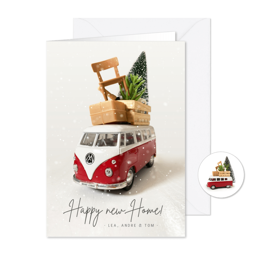 Vintage Umzugs-Weihnachtskarte mit VW Bus und Möbeln - Karteneindruck