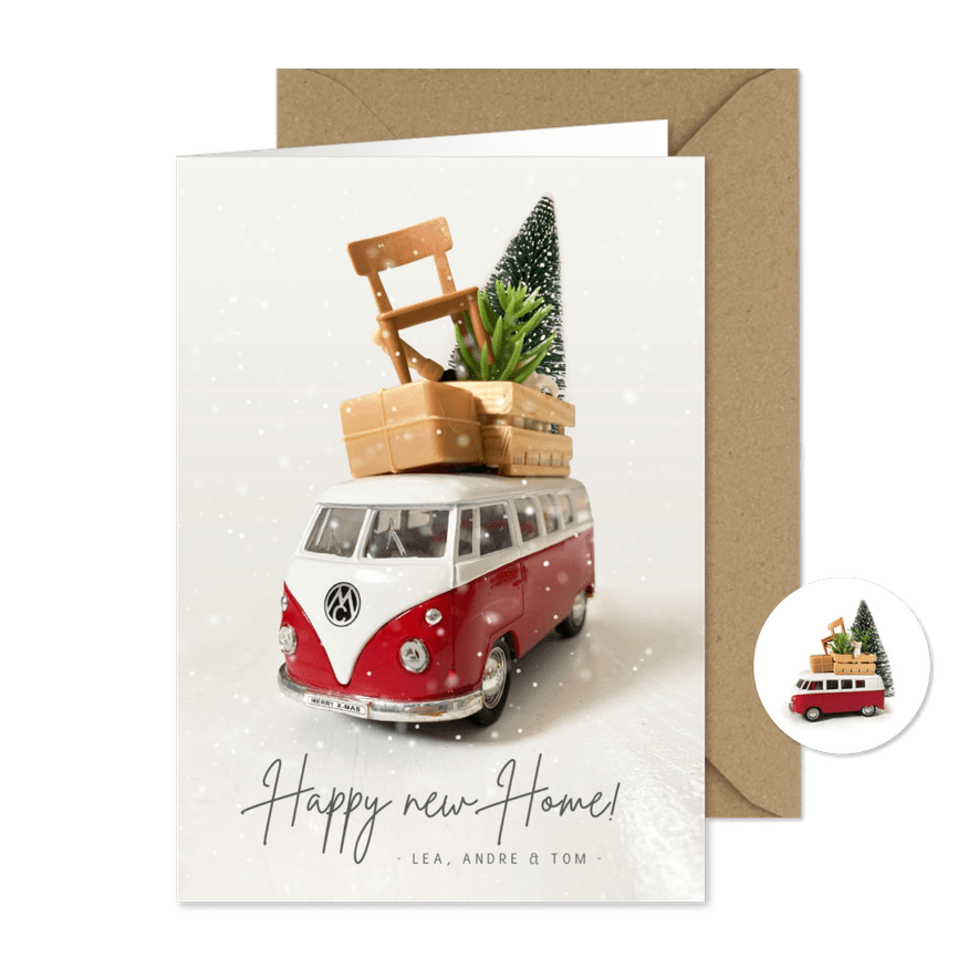 Vintage Umzugs-Weihnachtskarte mit VW Bus und Möbeln - Karteneindruck