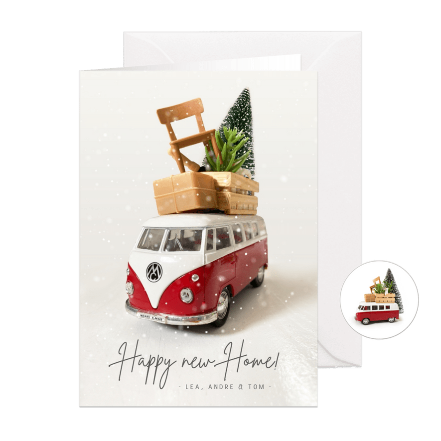 Vintage Umzugs-Weihnachtskarte mit VW Bus und Möbeln - Karteneindruck
