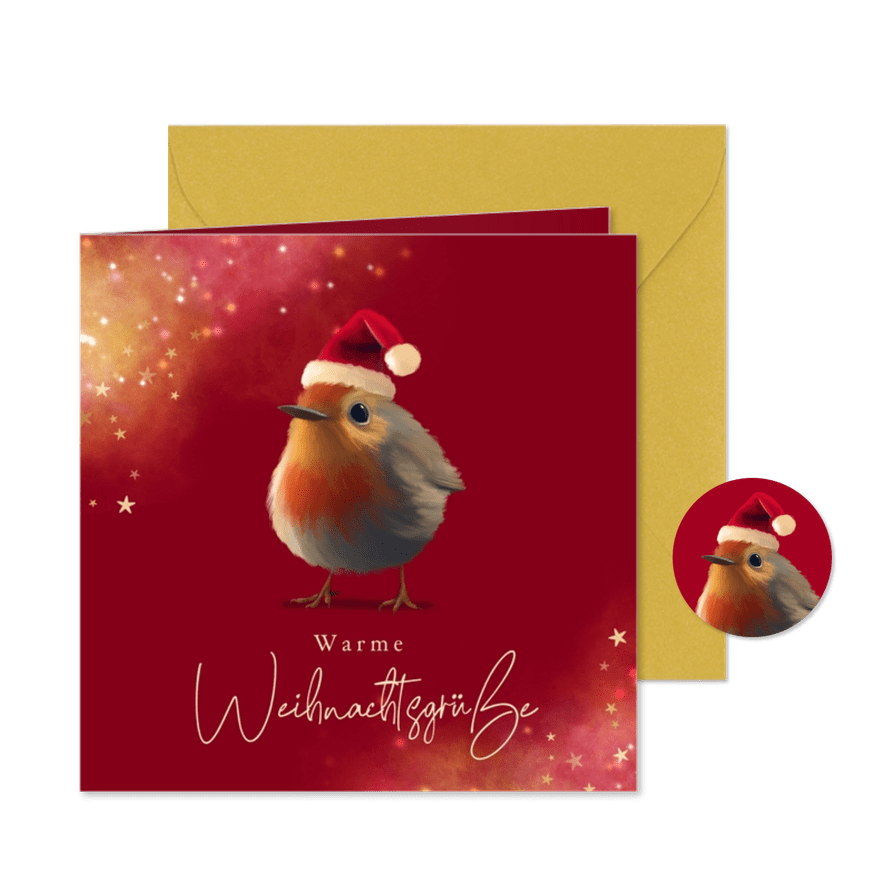 Warme Weihnachtsgrüße Rotkehlchen mit Mütze - Karteneindruck