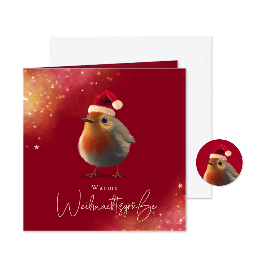 Warme Weihnachtsgrüße Rotkehlchen mit Mütze - Karteneindruck