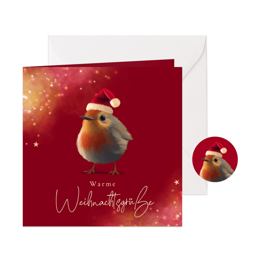 Warme Weihnachtsgrüße Rotkehlchen mit Mütze - Karteneindruck
