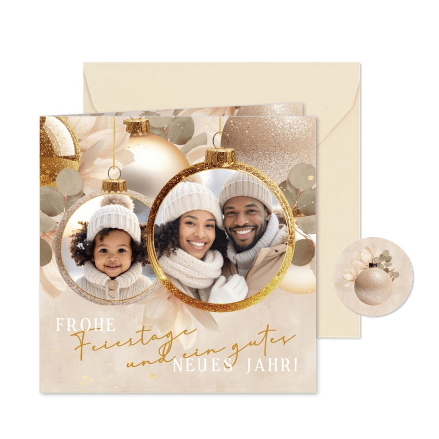Wehnachtskkarte Kugeln Glitzer mit Fotos gold beige - Karteneindruck
