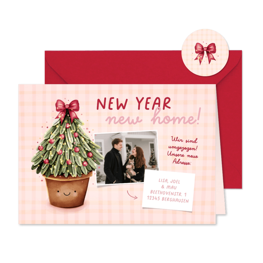 Weihnachten Umzugskarte Tannenbaum im Topf kariert Foto - Karteneindruck
