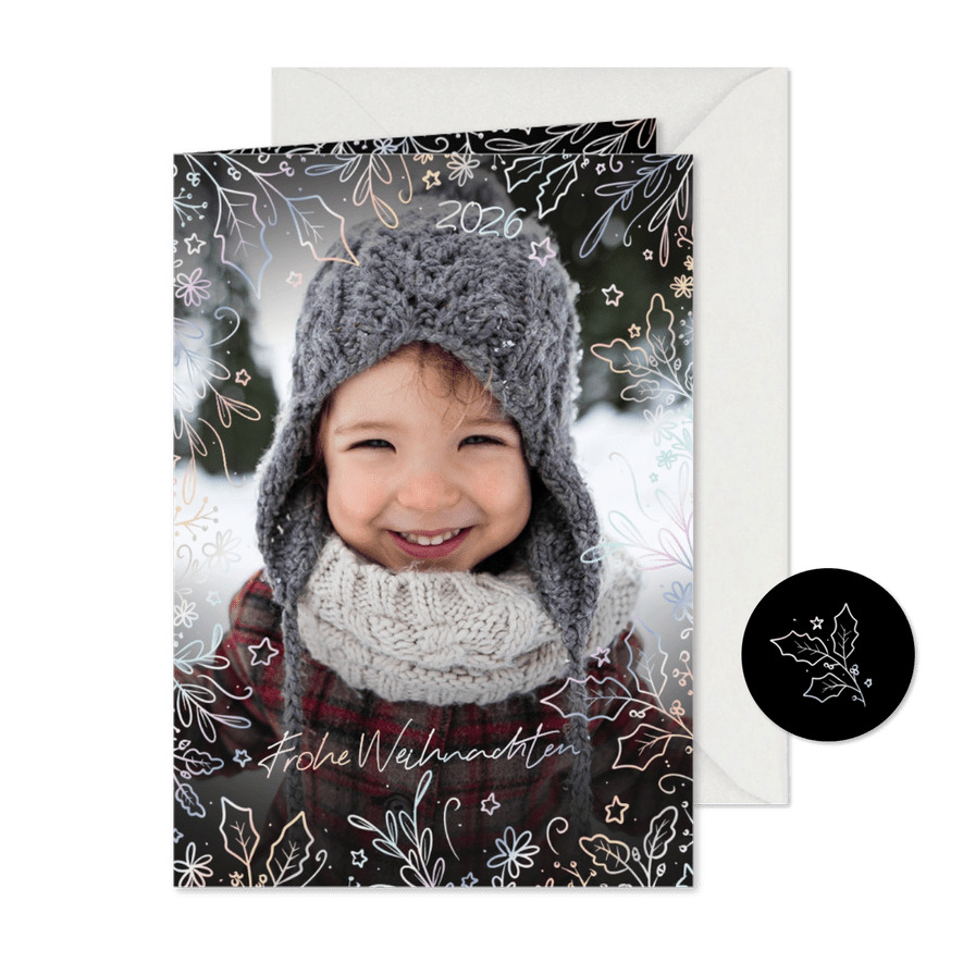 Weihnachtgrußkarte mit Foto im holografischem Fotorahmen - Karteneindruck
