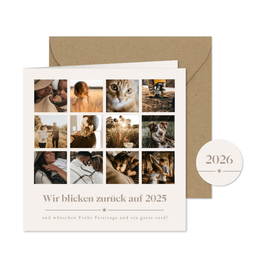 Weihnachtliche Fotocollage Jahresrückblick mit 12 Fotos - Karteneindruck
