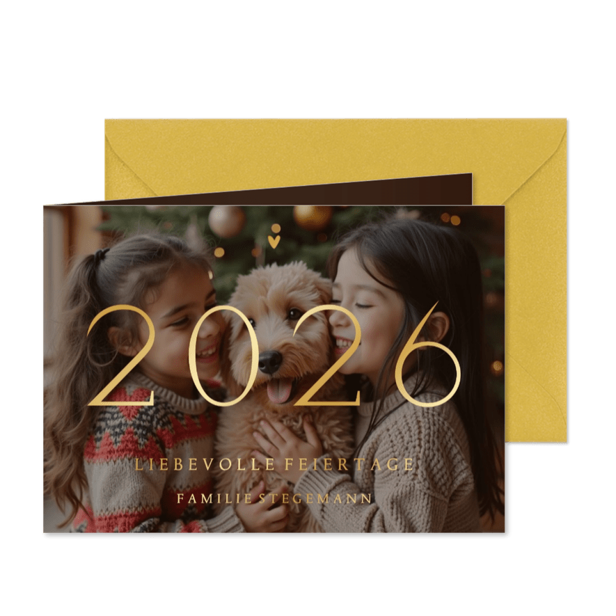 Weihnachtliche Fotokarte Goldschrift 2026 Weihnachtsgrüße  - Karteneindruck
