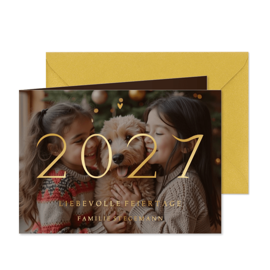 Weihnachtliche Fotokarte Goldschrift 2027 Weihnachtsgrüße - Kartenvorschau
