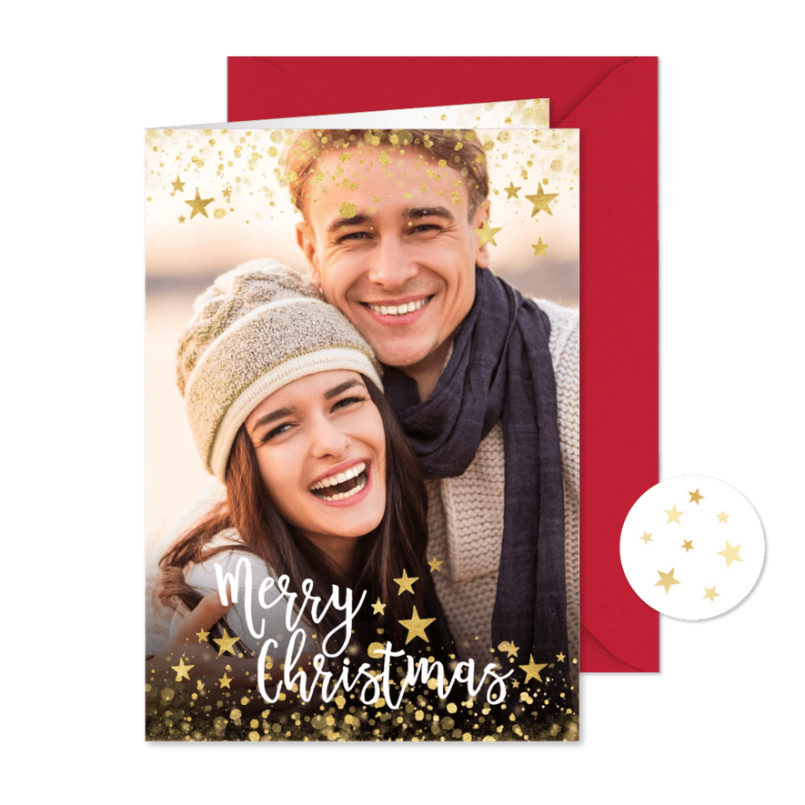 Weihnachtliche Fotokarte mit Foto und goldenen Sternen - Karteneindruck

