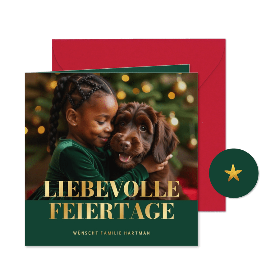 Weihnachtliche Fotokarte mit großem Foto und Goldschrift - Karteneindruck
