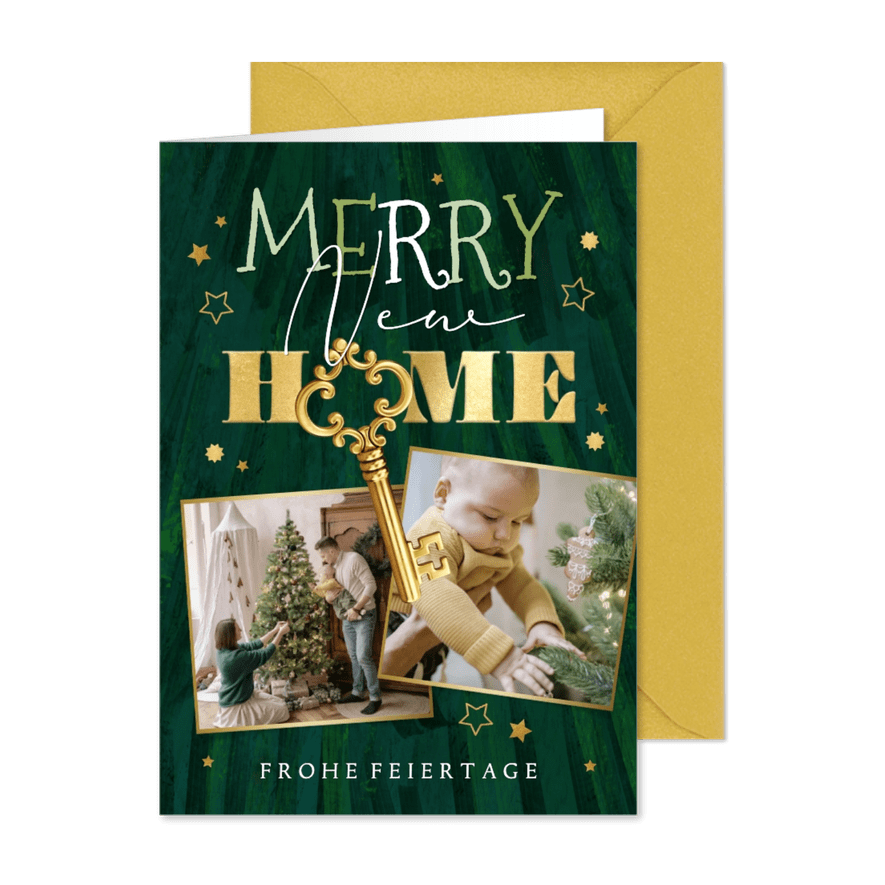 Weihnachtliche Umzugskarte Fotocollage mit Gold Schlüssel - Karteneindruck
