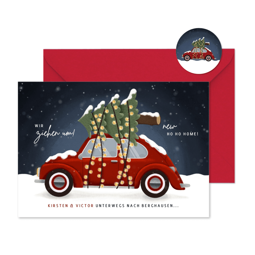 Weihnachtliche Umzugskarte VW Käfer mit Weihnachtsbaum - Karteneindruck
