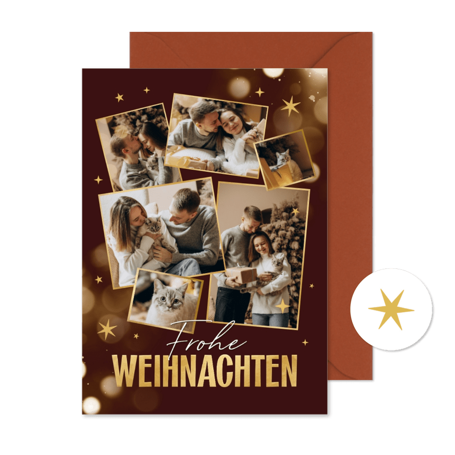 Weihnachts-Fotocollage gold-braun 6 Fotos - Kartenvorschau
