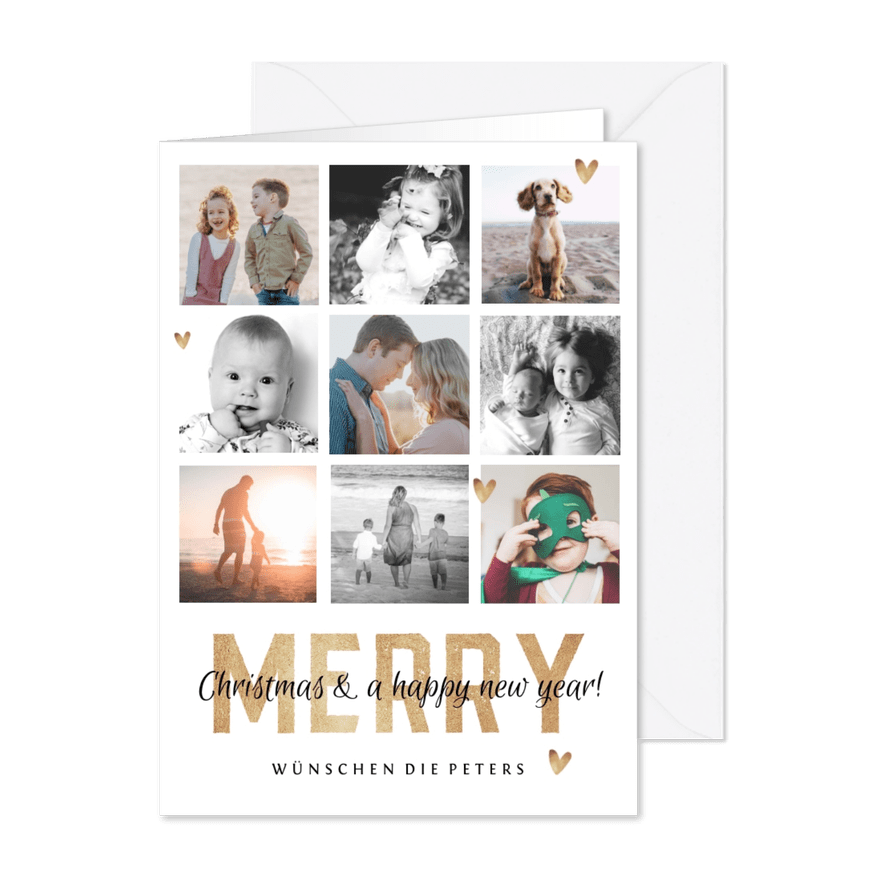 Weihnachts-Fotocollage Goldlook 'Merry' - Kartenvorschau