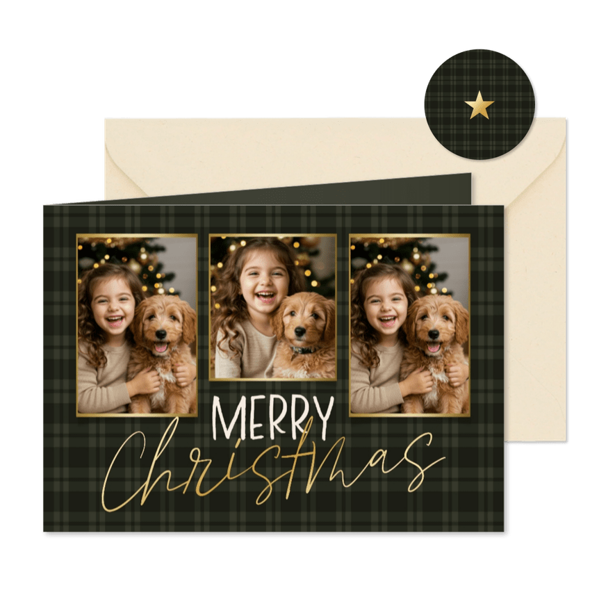 Weihnachts-Fotocollage-Karte Tartan Karo dunkelgrün - Karteneindruck