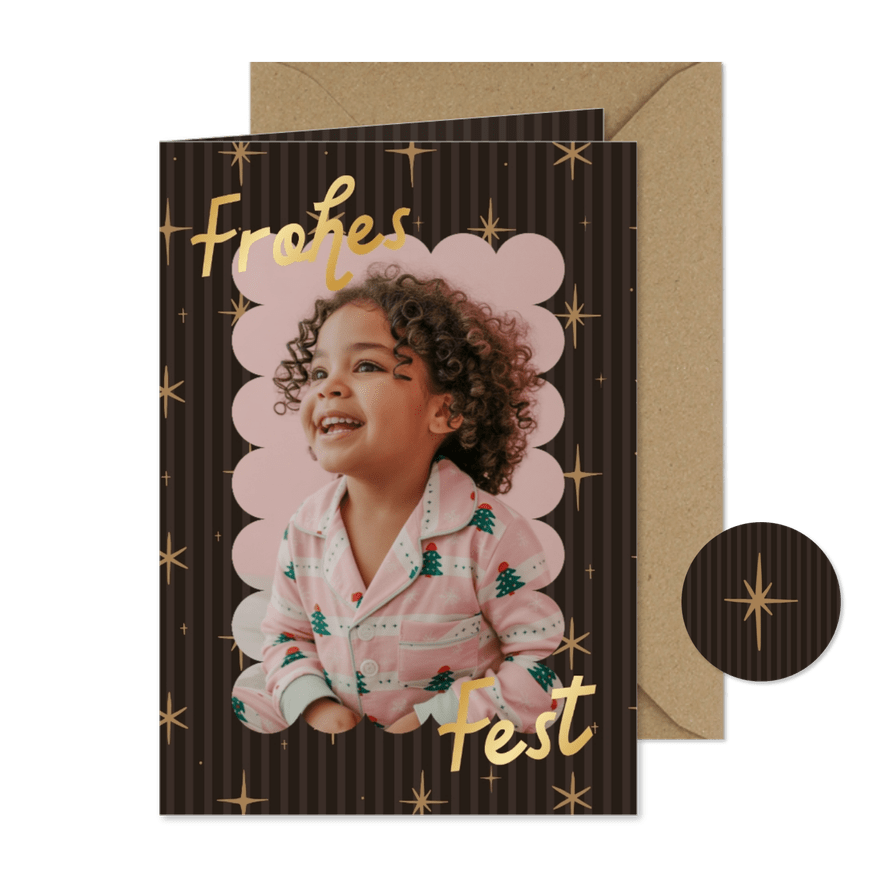 Weihnachts-Fotokarte 'Frohes Fest' mit Sternen & Streifen - Karteneindruck
