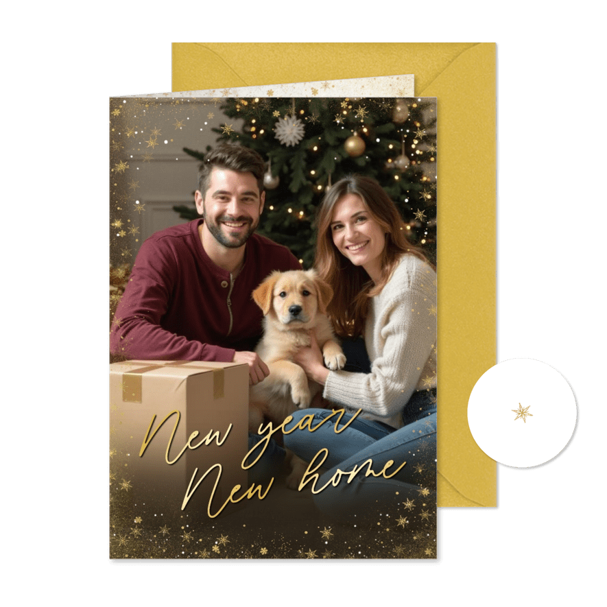 Weihnachts-Fotokarte Umzug 'New Home' mit Sternen - Karteneindruck