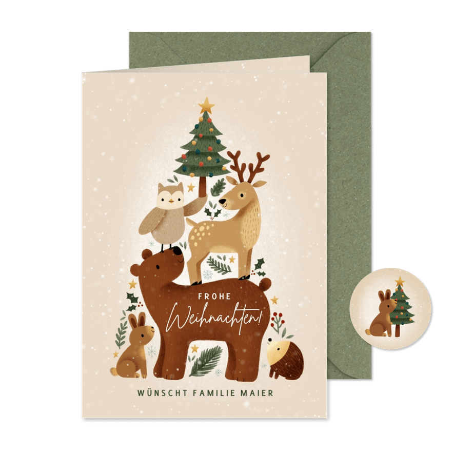 Weihnachts-Grußkarte Tiere im Wald - Karteneindruck
