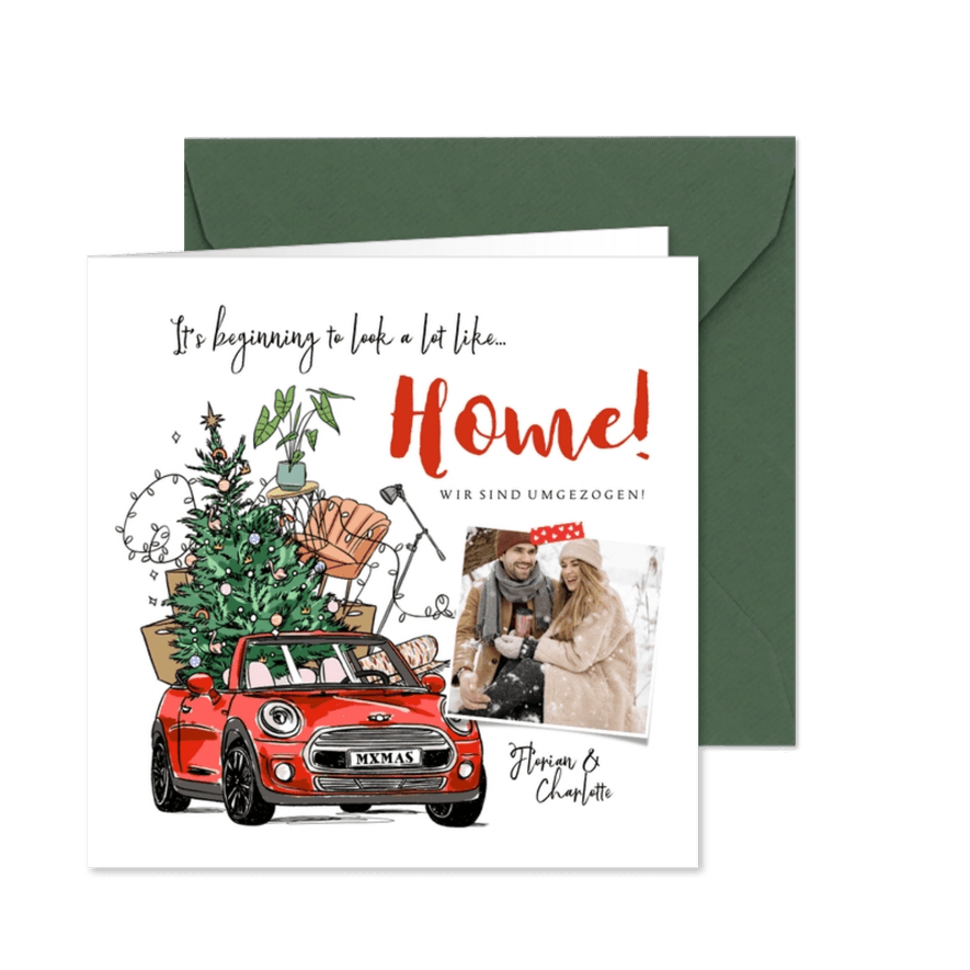 Weihnachts-Umzugskarte Auto mit Hausrat - Karteneindruck