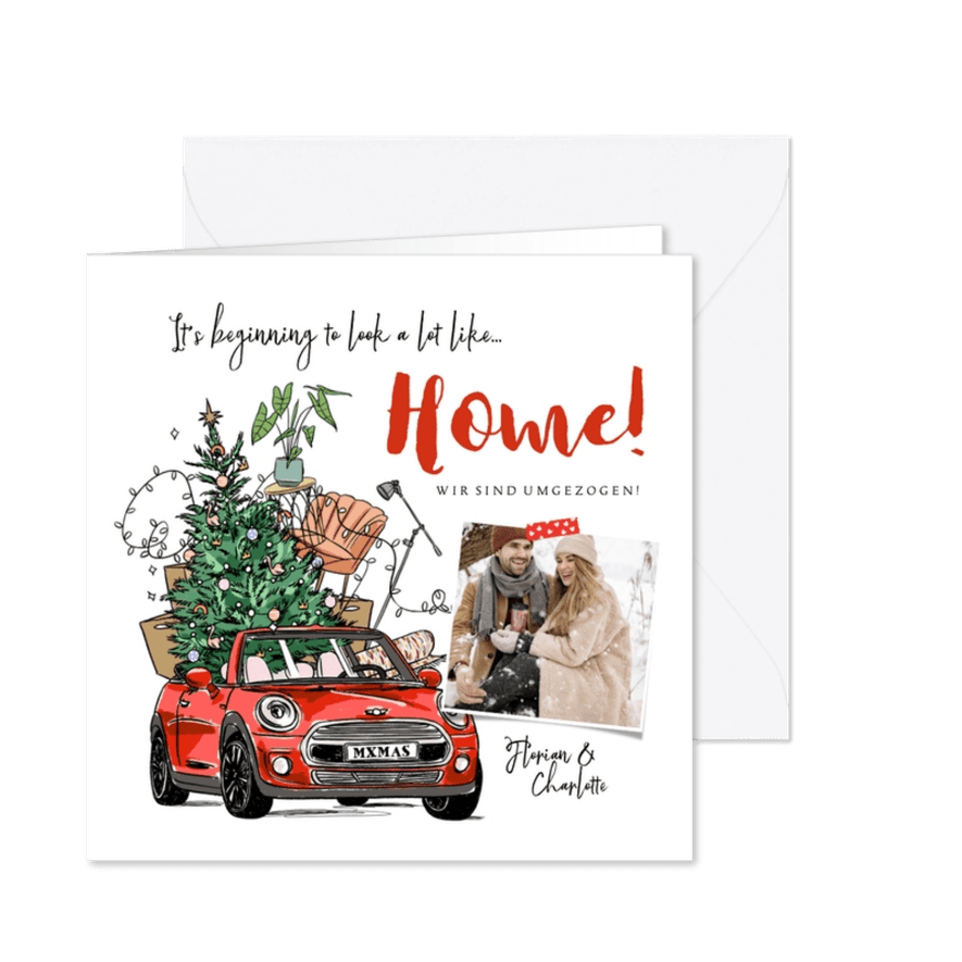 Weihnachts-Umzugskarte Auto mit Hausrat - Karteneindruck
