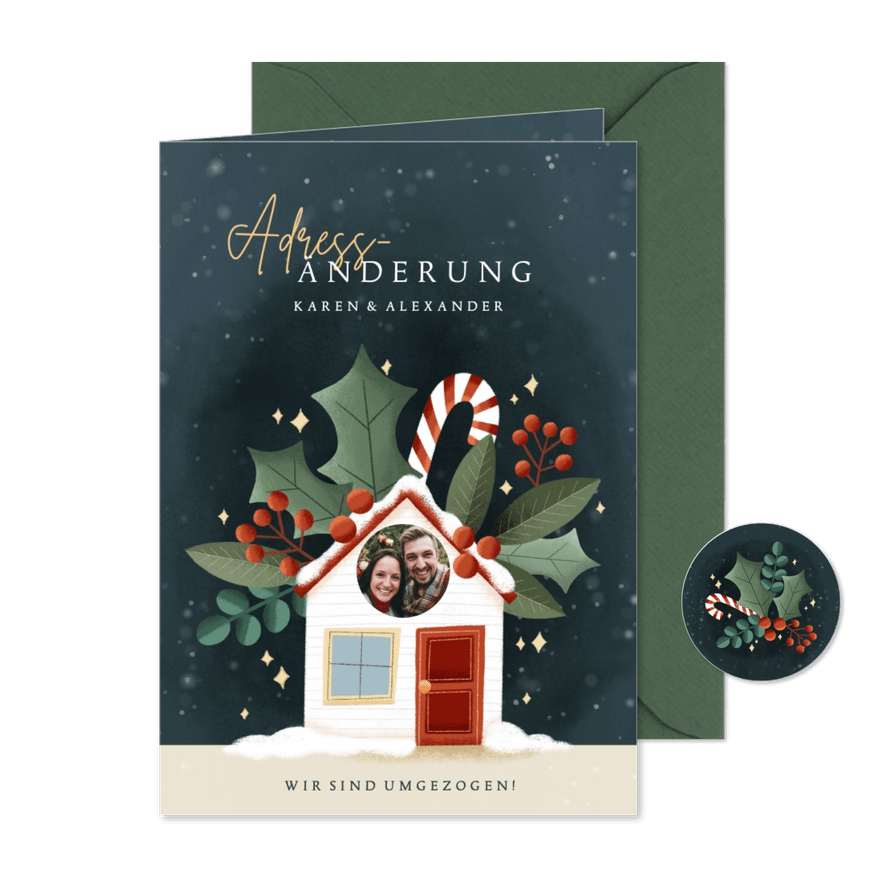 Weihnachts-Umzugskarte Haus mit Fenster - Karteneindruck