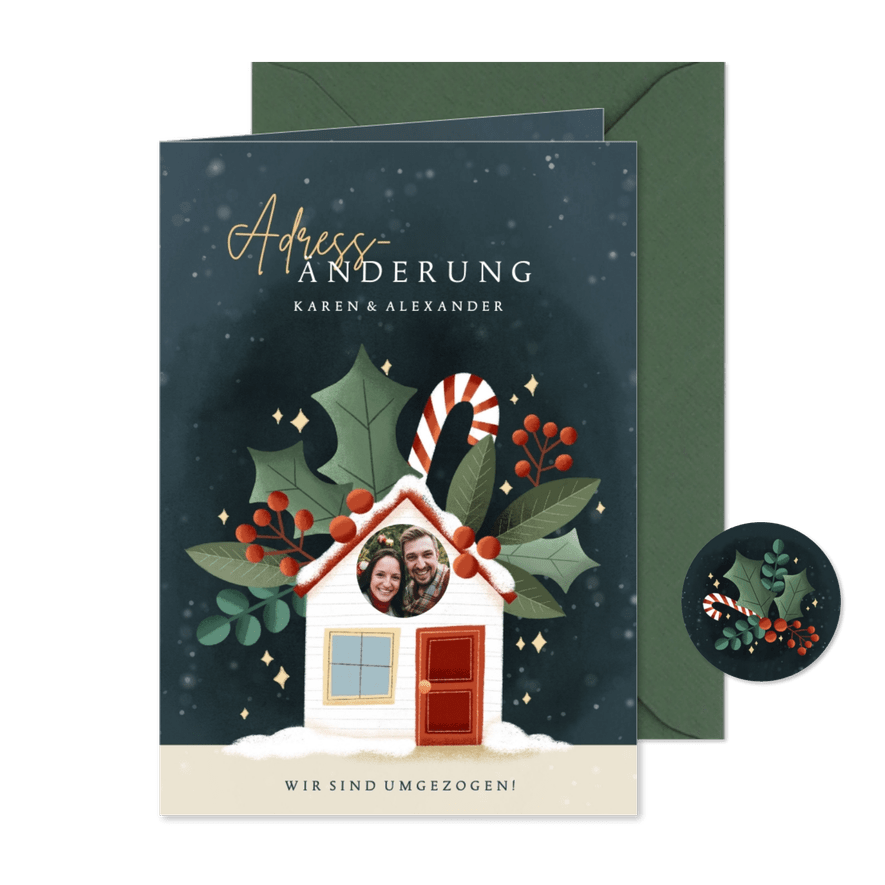 Weihnachts-Umzugskarte Haus mit Fenster - Karteneindruck
