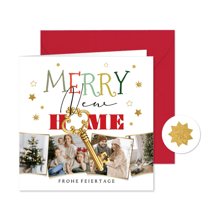 Weihnachts-Umzugskarte 'Merry New Home' Schlüssel & Fotos - Karteneindruck
