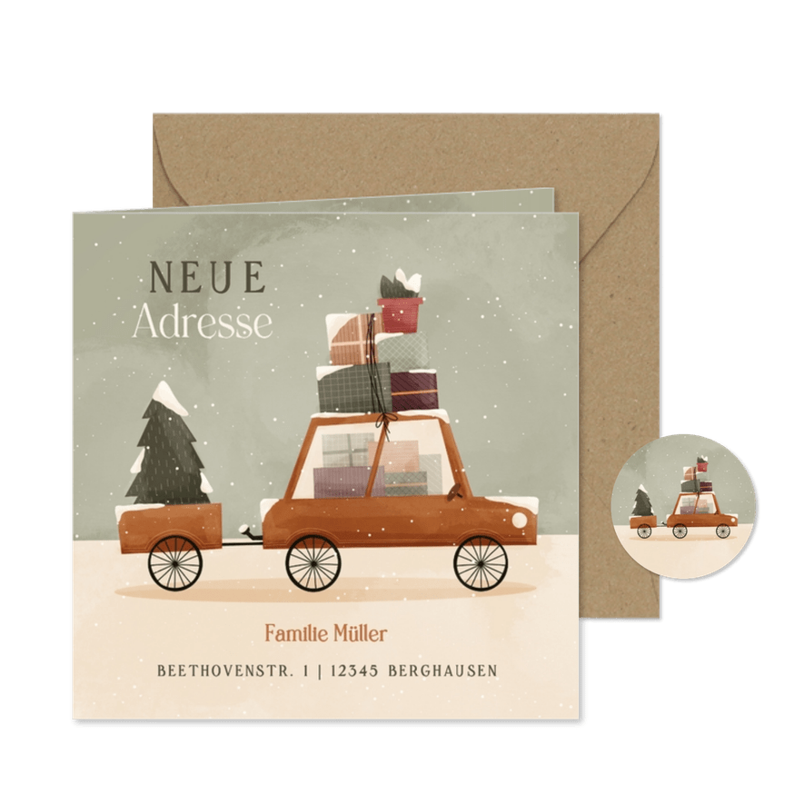 Weihnachts-Umzugskarte mit Auto und Anhänger - Karteneindruck