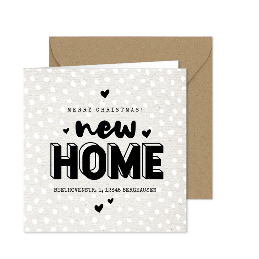 Weihnachts-Umzugskarte 'new home' und Herzen - Karteneindruck
