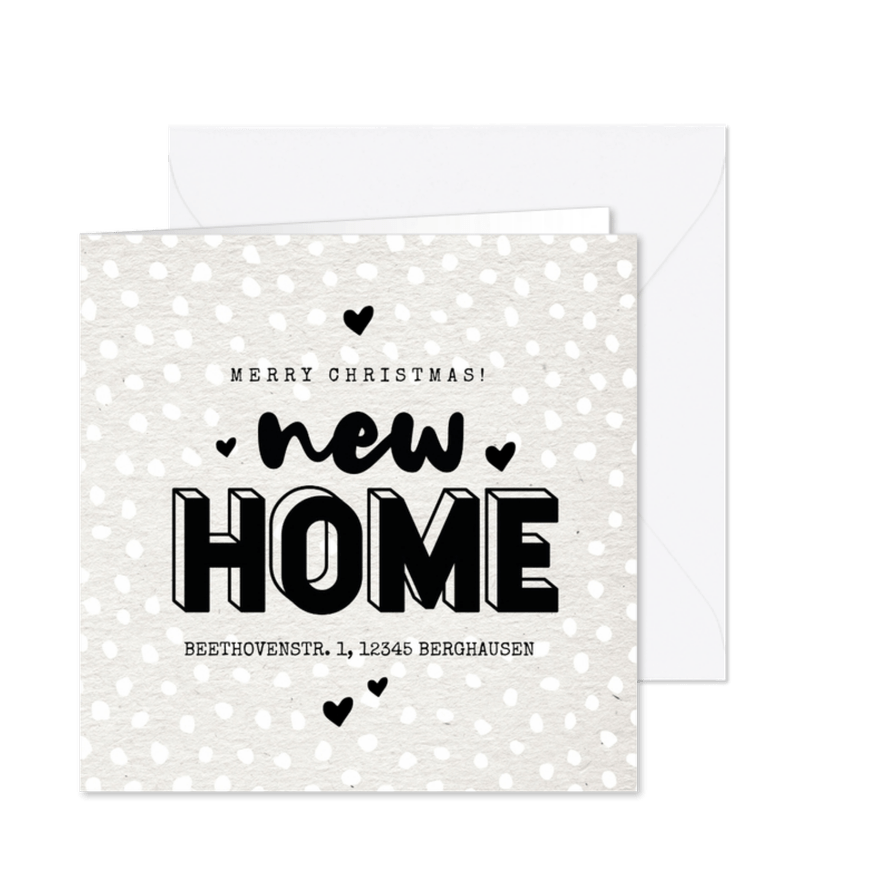Weihnachts-Umzugskarte 'new home' und Herzen - Karteneindruck