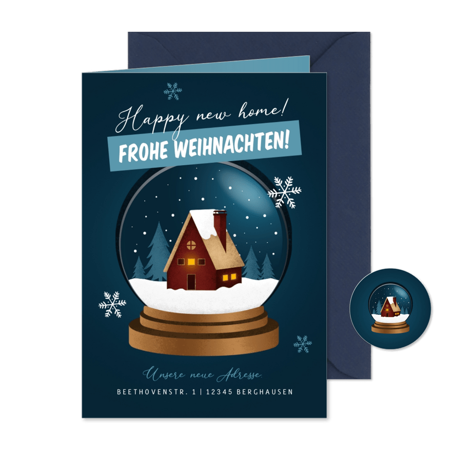 Weihnachts-Umzugskarte Schneekugel mit Haus - Karteneindruck