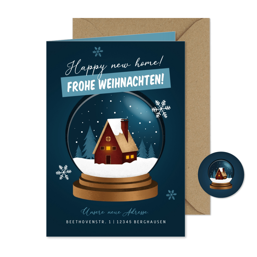 Weihnachts-Umzugskarte Schneekugel mit Haus - Karteneindruck