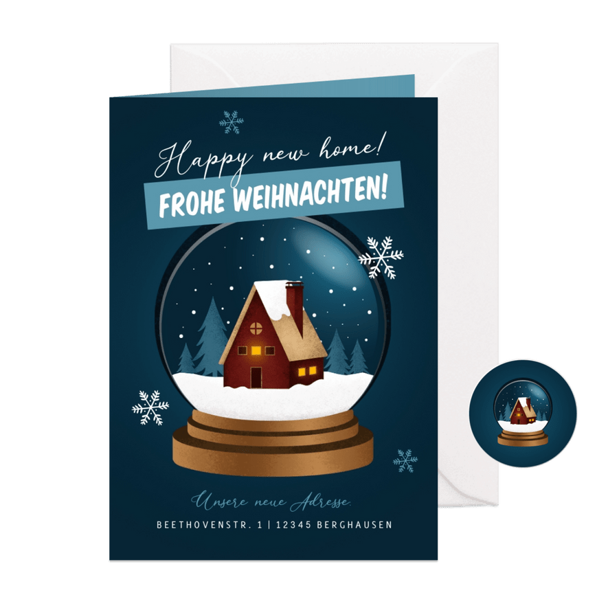 Weihnachts-Umzugskarte Schneekugel mit Haus - Karteneindruck
