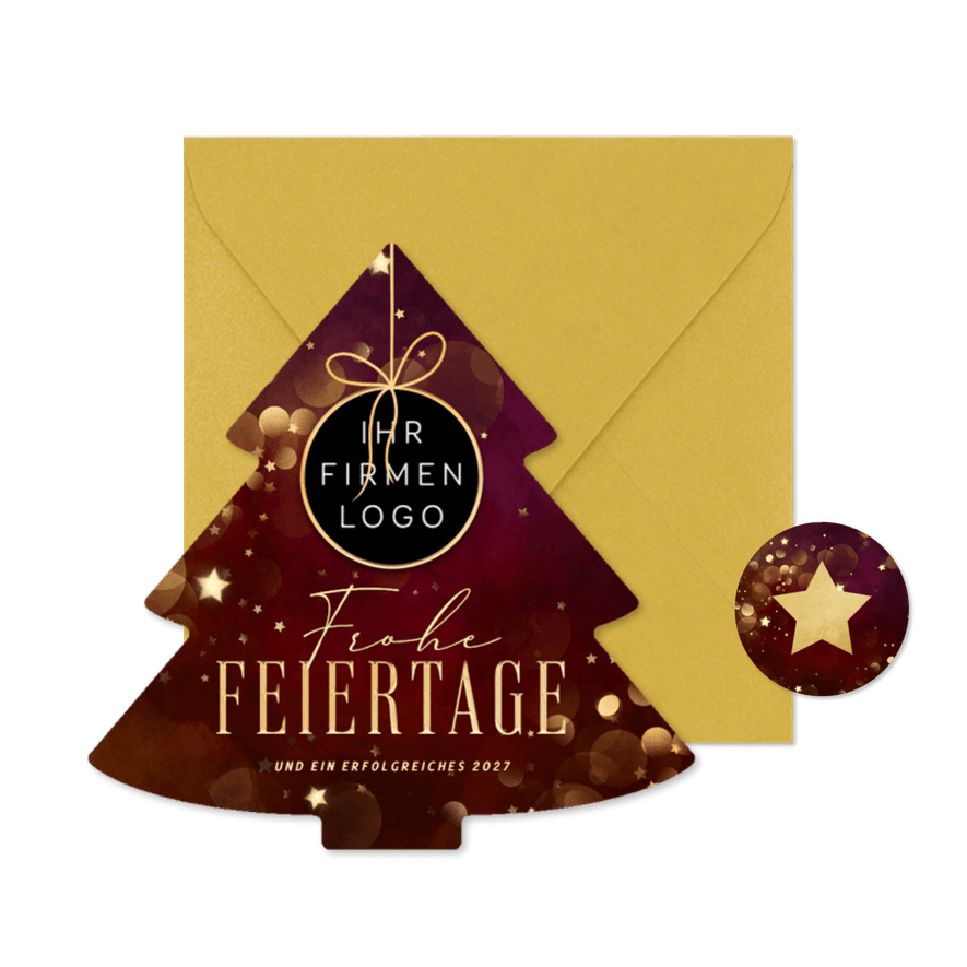 Weihnachtsbaumkarte dunkelrot mit Logo - Kartenvorschau