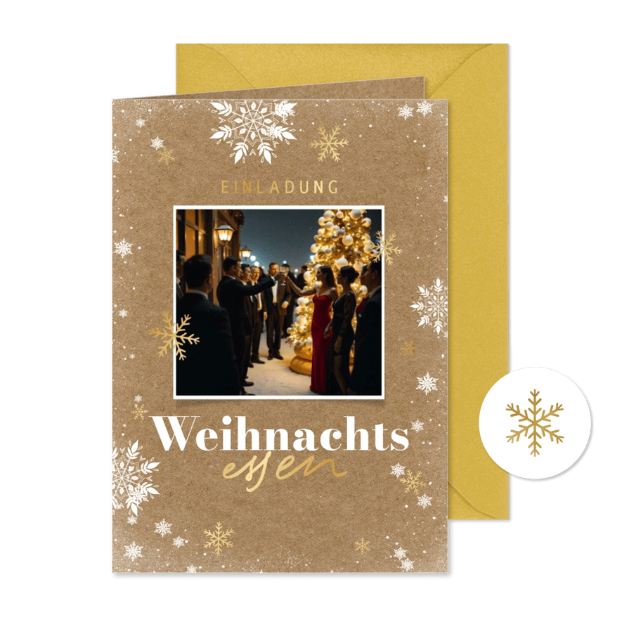 Weihnachtsessen Einladung Firma Schneeflocken & Foto - Kartenvorschau