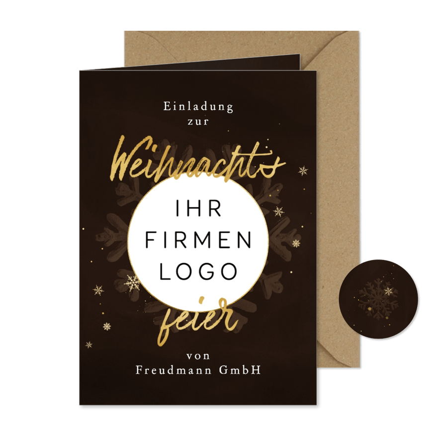 Weihnachtsfeier Einladung Firma Logo Schneekristall braun - Kartenvorschau

